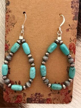❤️ 3mm 4mm Sterling Navajo Desert Pearls & Turquoise Lt Weight Earrings USA Made